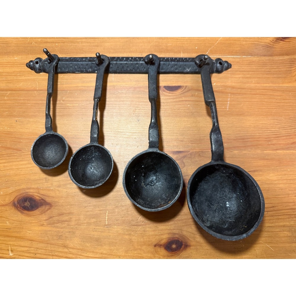 Vintage Cast Iron Measuring Spoons Set with Wall Hanging Rack Farmhouse Decor